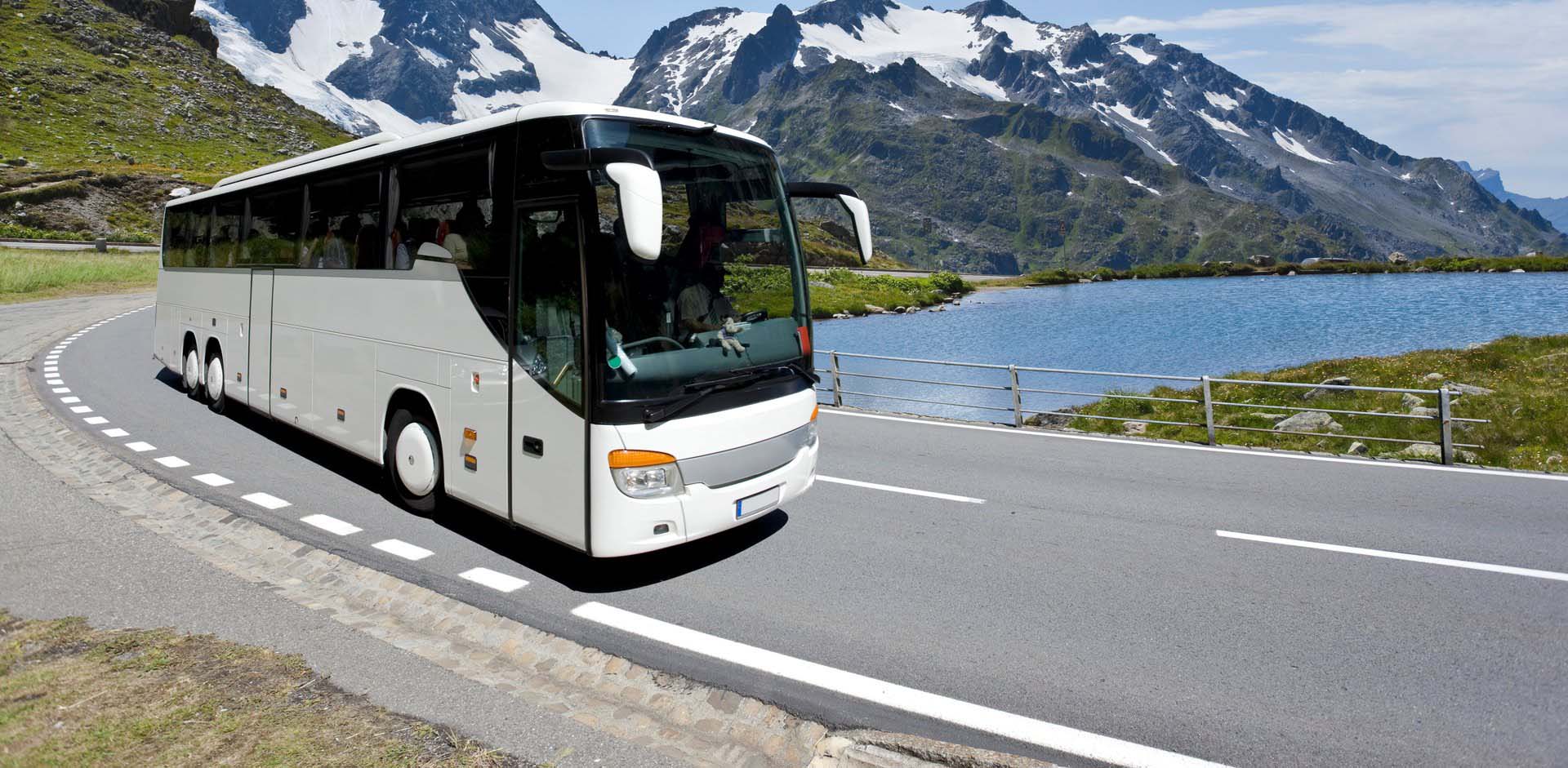 Coach driving through mountains